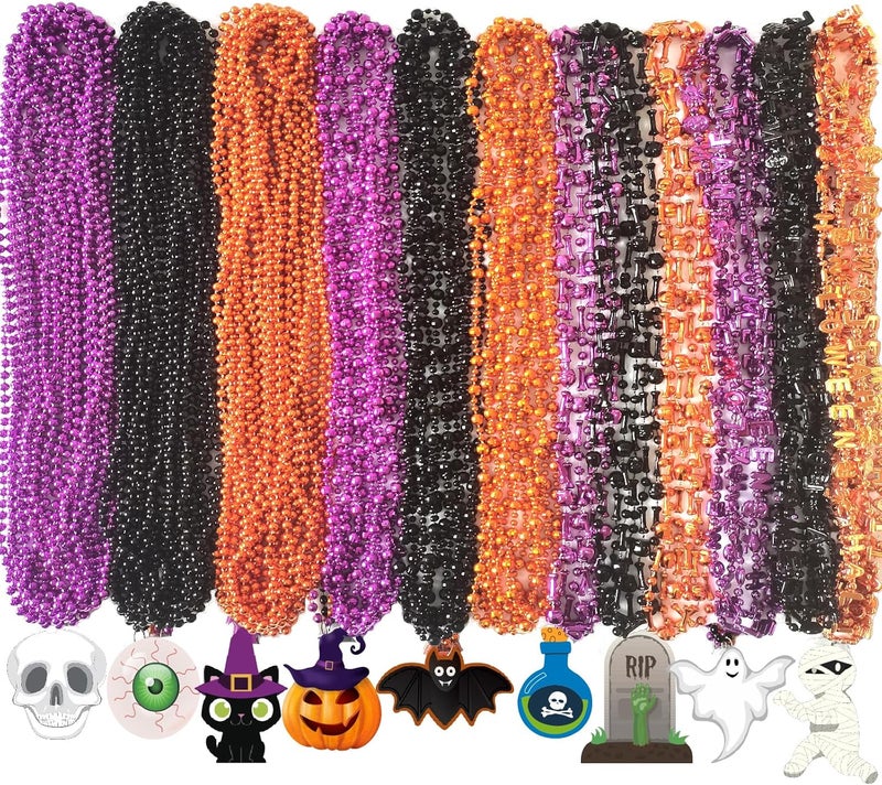 Becfupo 100, 200Pcs Halloween Bead Necklaces Bulk In Multiple-Shapes, Purple Orange Black Beads Necklaces With Pumpkin Ghost Bat Pendants For Halloween Party Decoration - Image 1
